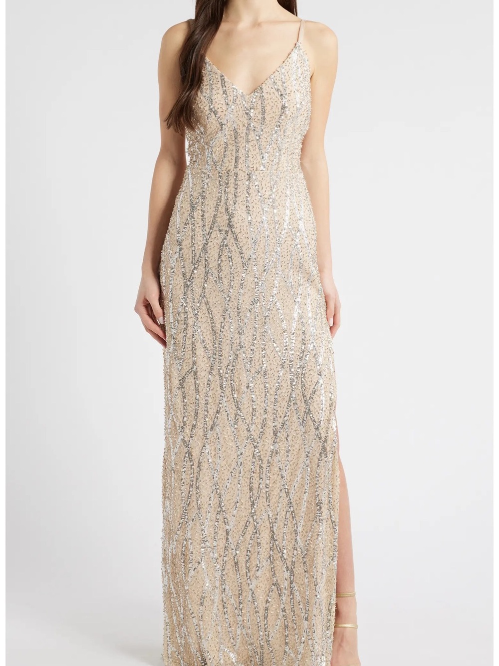 Jump Champagne Sequin V-Neck Evening Gown